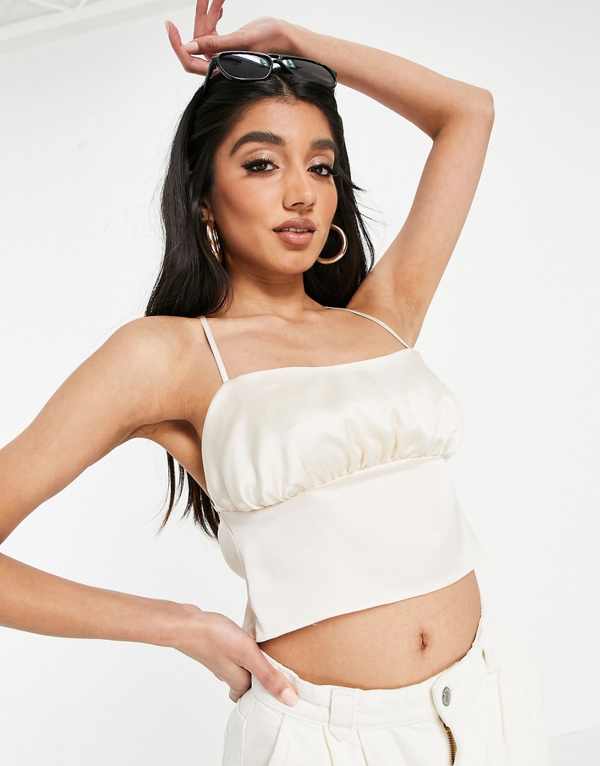 ASOS DESIGN satin cropped cami with lace up back in almond-Brown
