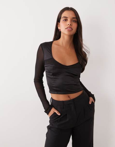 ASOS DESIGN satin cropped long sleeve corset top with mesh panelling in black - view 1