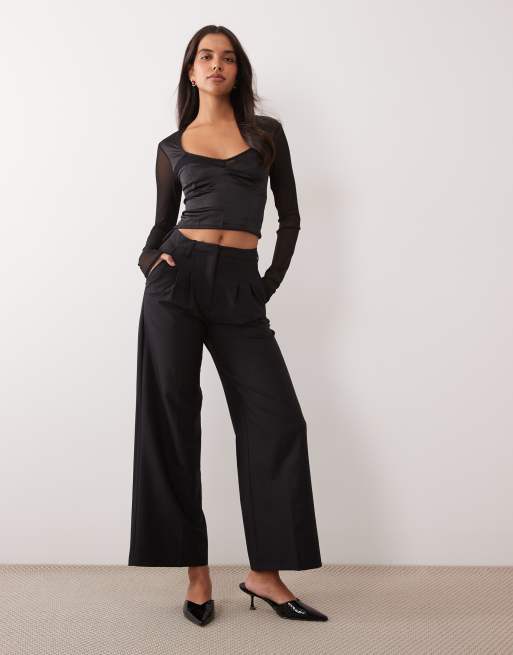 ASOS DESIGN satin cropped long sleeve corset top with mesh panelling in black, 2 of 4