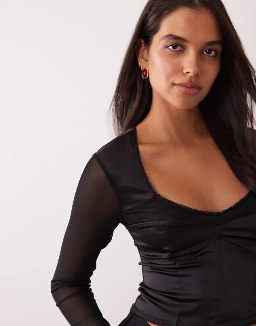 ASOS DESIGN satin cropped long sleeve corset top with mesh panelling in black, 3 of 4