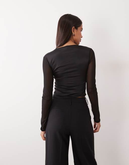 ASOS DESIGN satin cropped long sleeve corset top with mesh panelling in black, 4 of 4