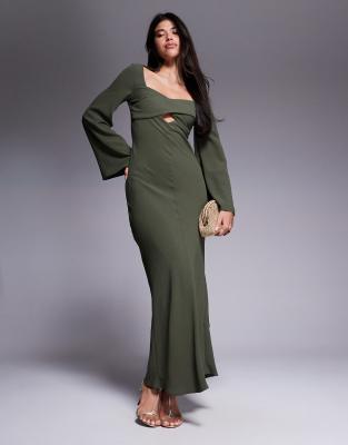 ASOS DESIGN satin cross bust cutout detail midi dress in dark khaki green
