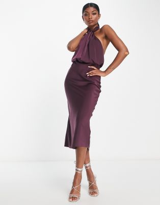 ASOS DESIGN satin cross halterneck midi dress in wine | ASOS