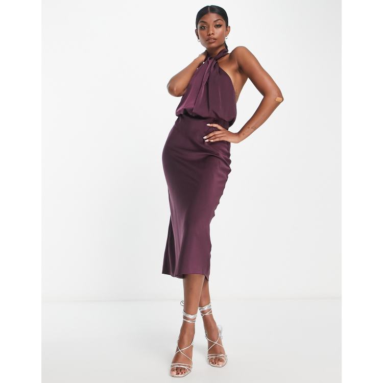 ASOS DESIGN satin cross halterneck midi dress in wine