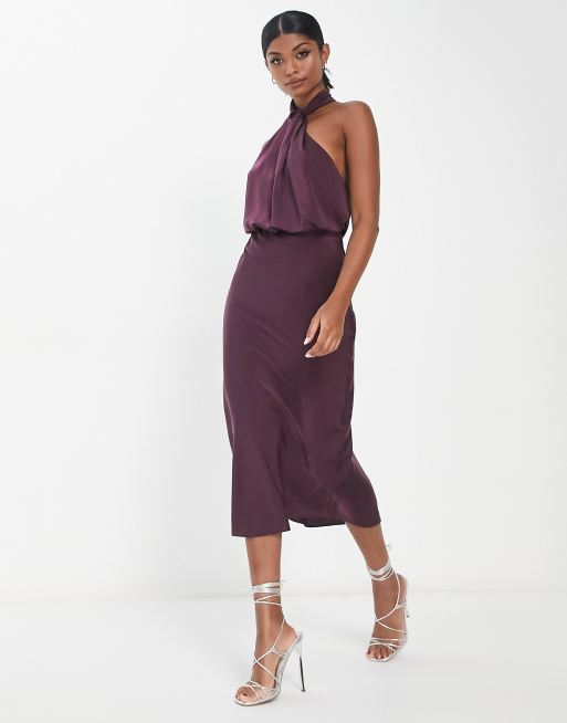 Asos design midi dress with halter hot sale neck detail in high shine satin