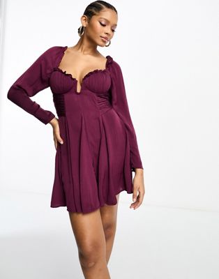 ASOS DESIGN satin cupped mini dress with godet and ruched waist in wine - ASOS Price Checker