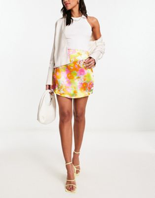 Asos Design Satin Curved Hem Mini Skirt In Bright Floral Print-multi