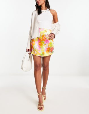 Asos Design Satin Curved Hem Mini Skirt In Bright Floral Print-multi