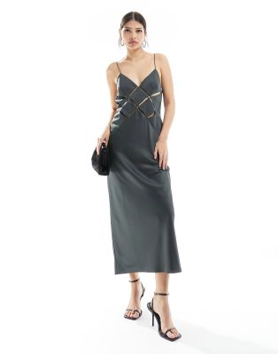 Asos Design Satin Cut Out Cami Midi Dress In Charcoal Gray