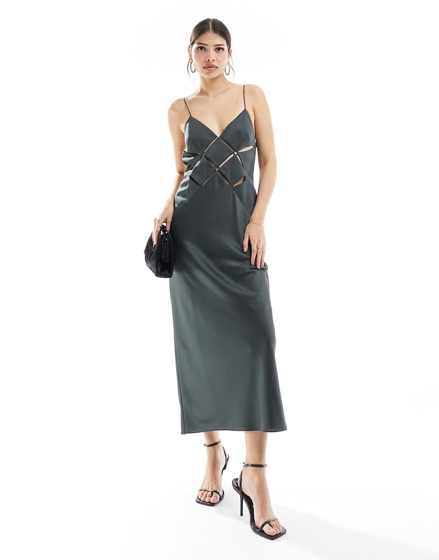 Asos Design Satin Cut Out Cami Midi Dress In Charcoal Gray