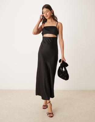 satin cut out midi dress in black