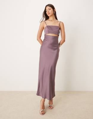 Asos Design Satin Cut Out Midi Dress In Lilac Gray-purple