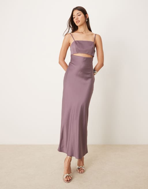 ASOS DESIGN satin cut out midi dress in lilac grey