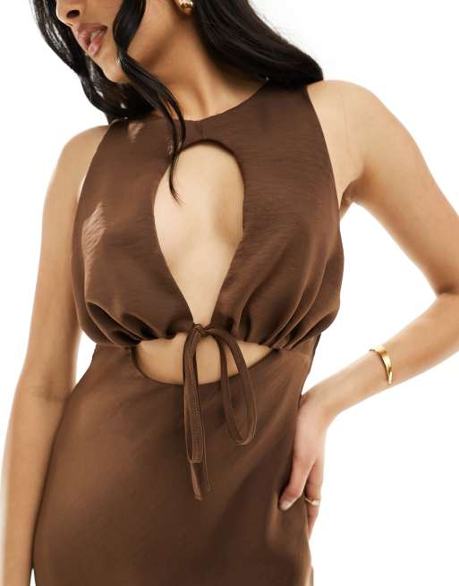 ASOS DESIGN one-shoulder satin midaxi dress with contrast lace inserts in  chocolate