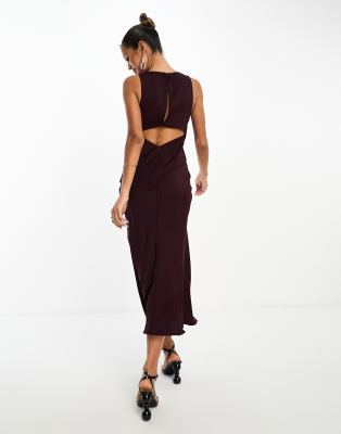 ASOS DESIGN satin cut out midi dress with tie front detail in wine | ASOS