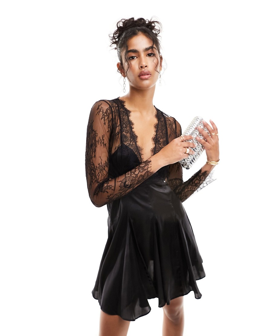 ASOS DESIGN satin cut out waist mini dress with lace detail in black