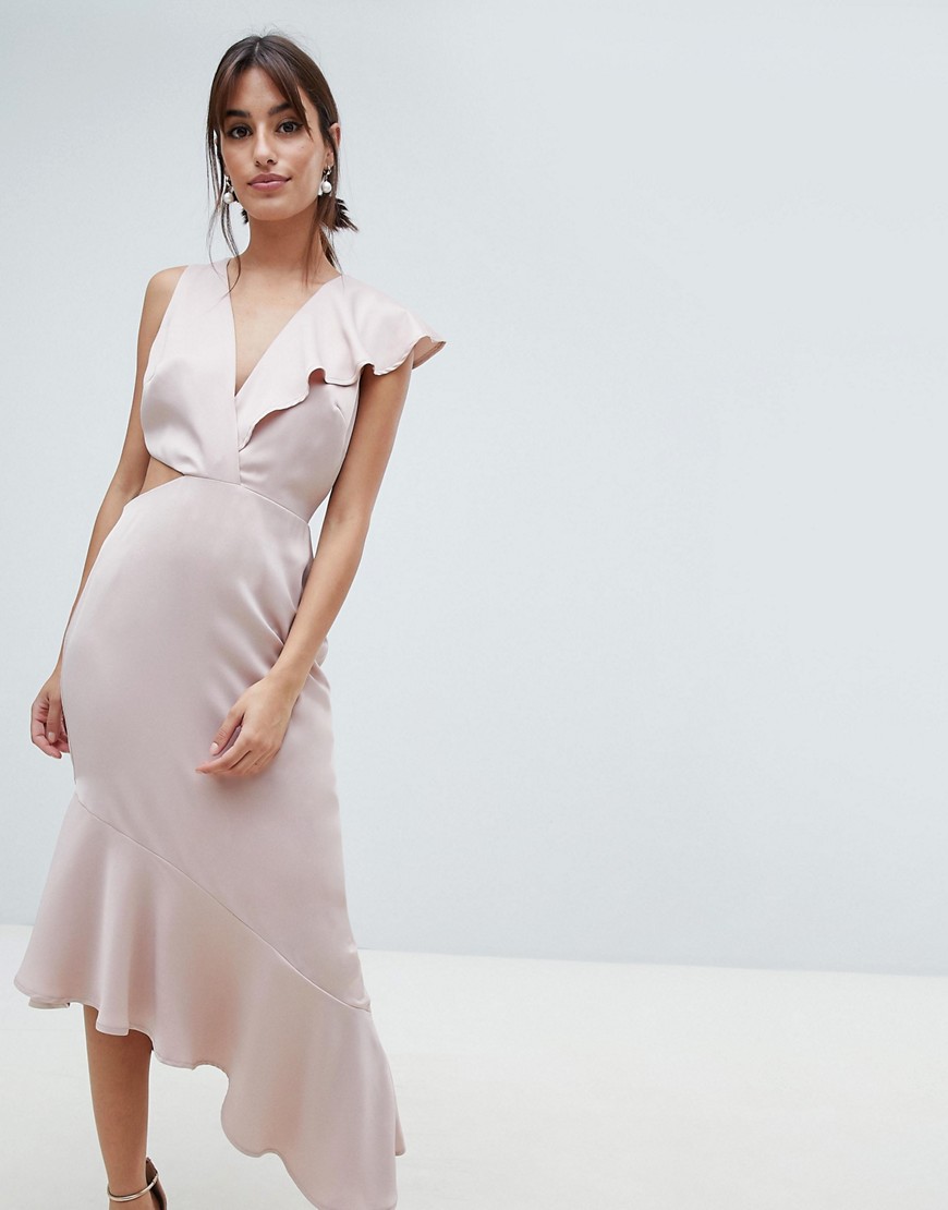 ASOS DESIGN Satin Deep Plunge Ruffle Dress With Cut Out Side-Pink