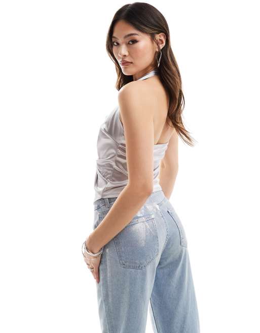 ASOS DESIGN satin deep plunge twist cami top in light grey, 4 of 4