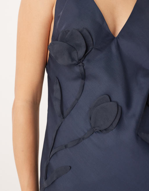 ASOS DESIGN satin deep v-neck mini dress with 3D organza florals in navy, 3 of 4