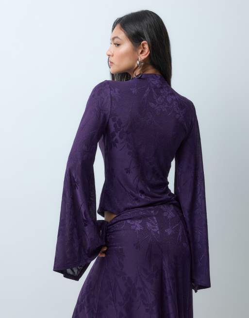 ASOS DESIGN satin devore draperet top med lange ærmer i blomme, 5 af 5