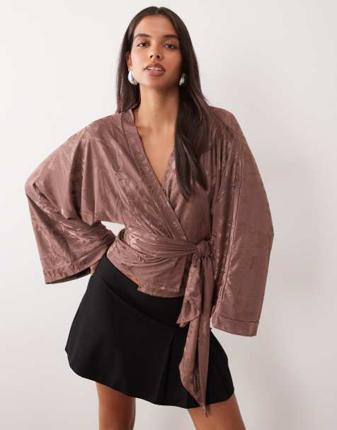 ASOS DESIGN satin devore kimono tie waist top in brown - view 1