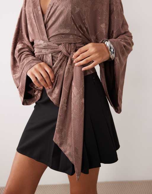 ASOS DESIGN satin devore kimono tie waist top in brown, 3 of 4