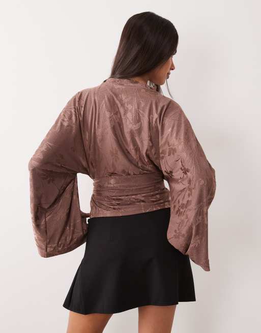ASOS DESIGN satin devore kimono tie waist top in brown, 4 of 4