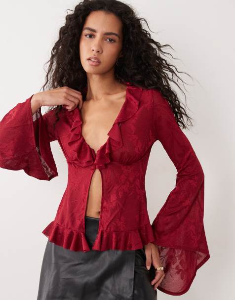 ASOS DESIGN satin devore ruffle top in red