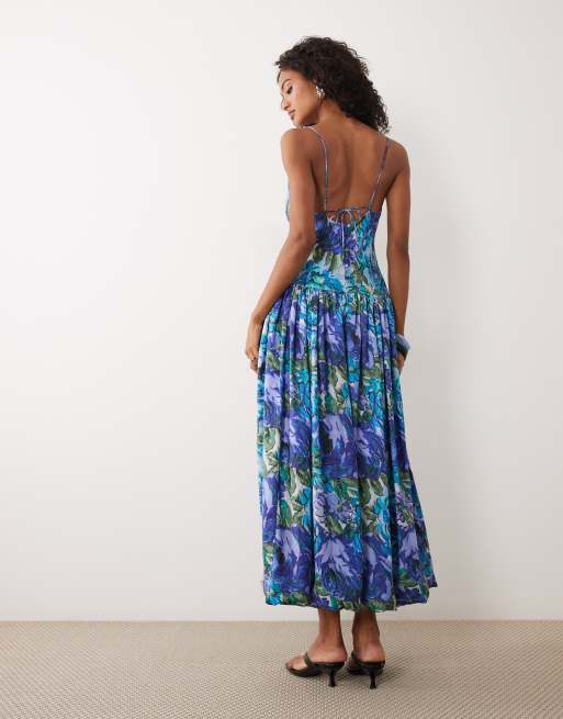ASOS DESIGN satin diagonalskuren midi shiftklänning med bubbelfåll i turkos blommigt, 3 av 4