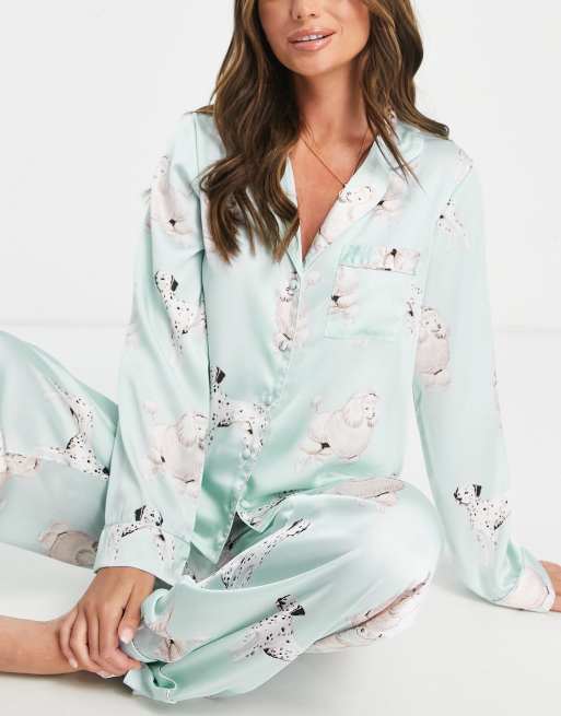 ASOS DESIGN satin shirt & pants pajama set with contrast piping in emerald  green