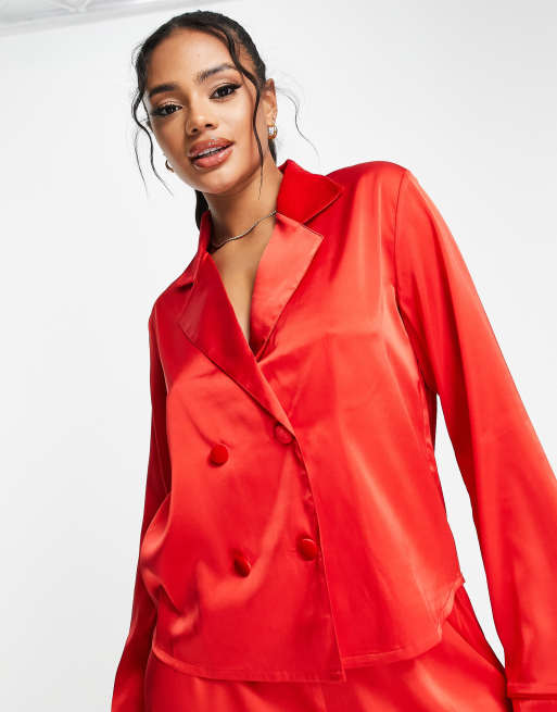 ASOS DESIGN satin double breasted shirt & trouser pyjama set with velvet trim in red, 2 of 4
