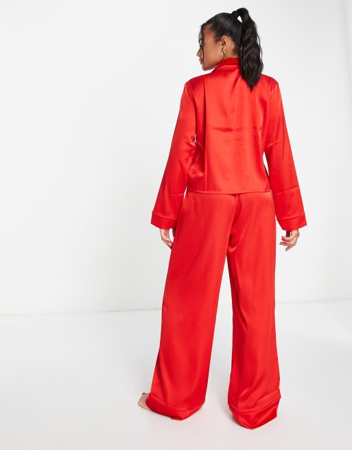 ASOS DESIGN satin double breasted shirt & trouser pyjama set with velvet trim in red, 3 of 4