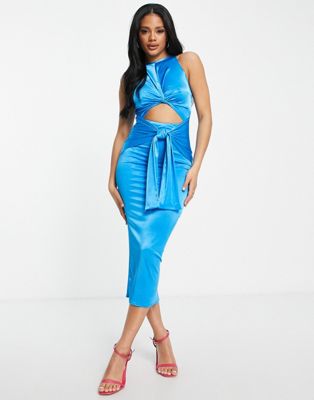 ASOS DESIGN satin double knot cut out midi dress in bright blue