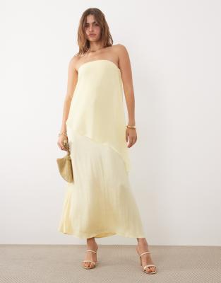 Asos Design Satin Double Layer Asymmetric Maxi Dress In Yellow