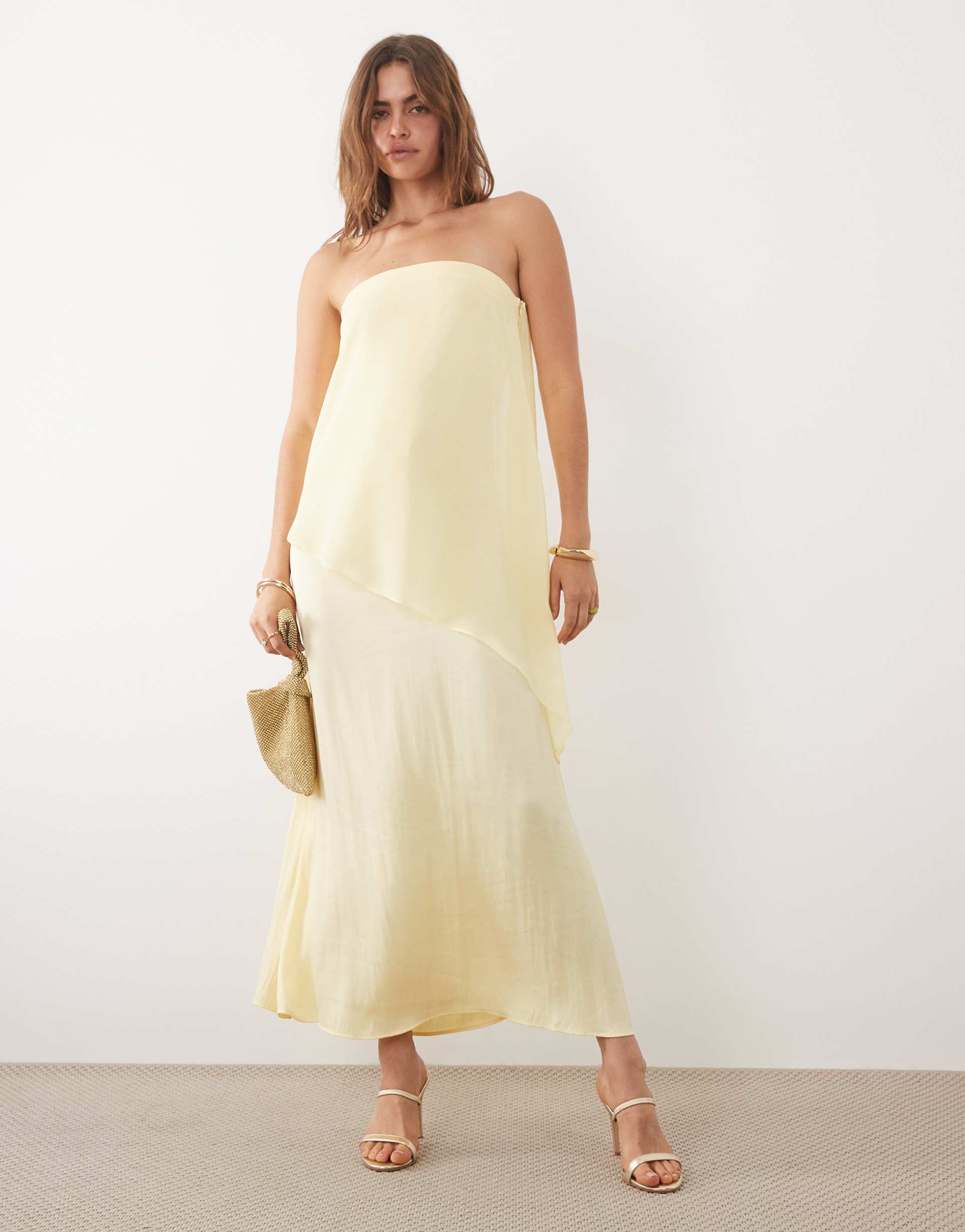 asos design satin double layer asymmetric maxi dress in buttermilk
