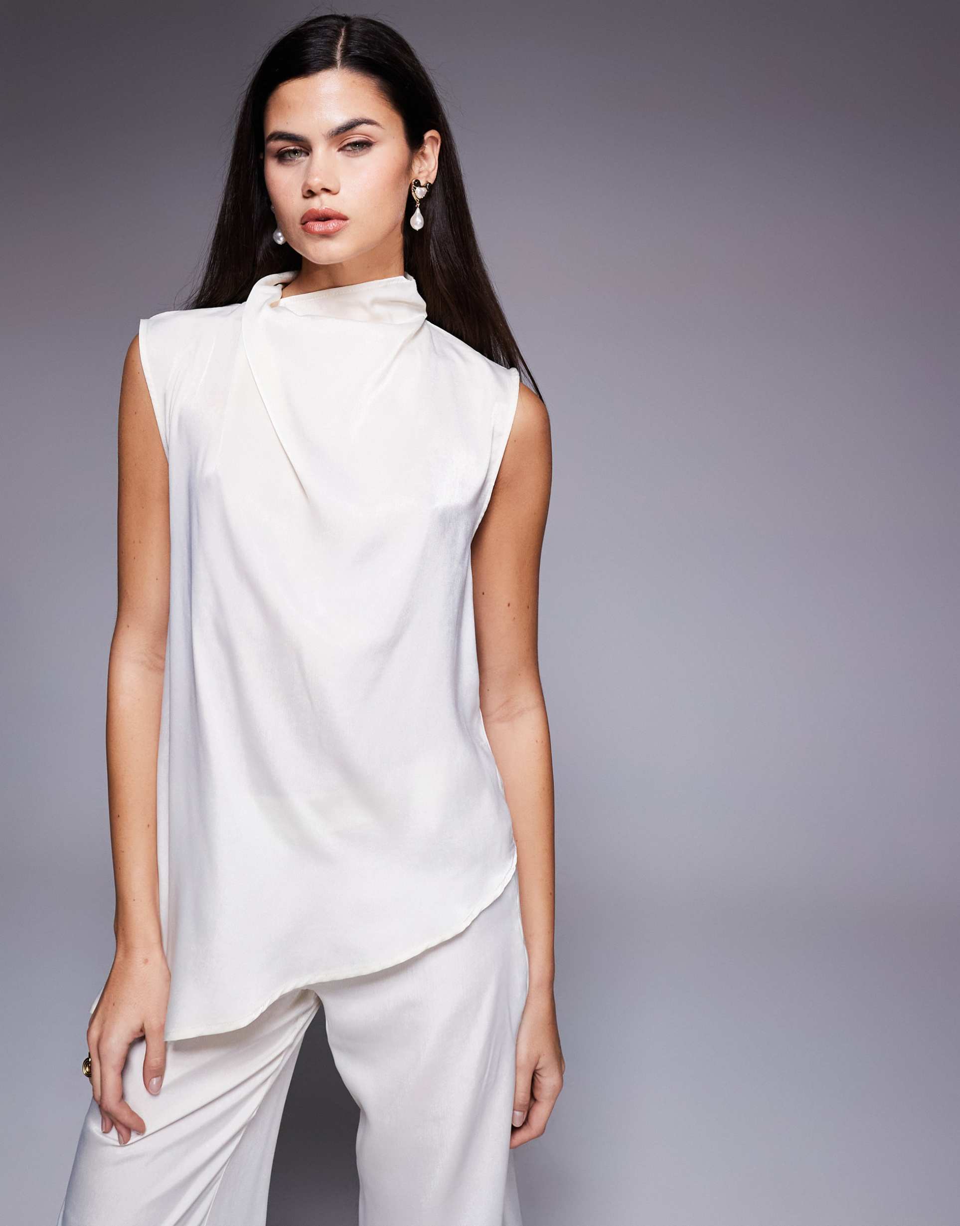 asos design satin drape and scarf detail top in cream - part of a set