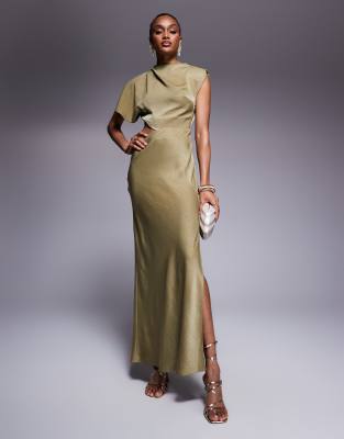 Asos Design Satin Drape Asymmetric Cutout Midi Dress In Green