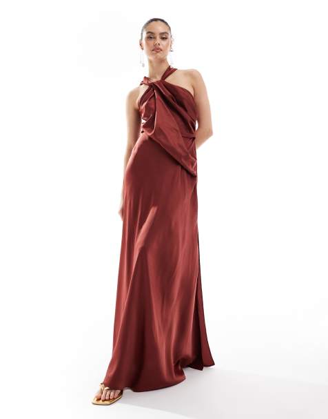 ASOS DESIGN satin drape asymmetric maxi dress in brown - view 1