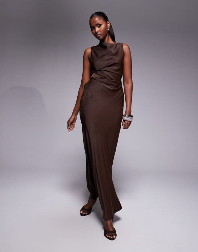 ASOS DESIGN satin drape bodice maxi dress with cowl back detail in chocolate