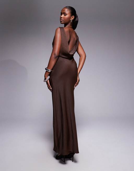 ASOS DESIGN satin drape bodice maxi dress with cowl back detail in chocolate