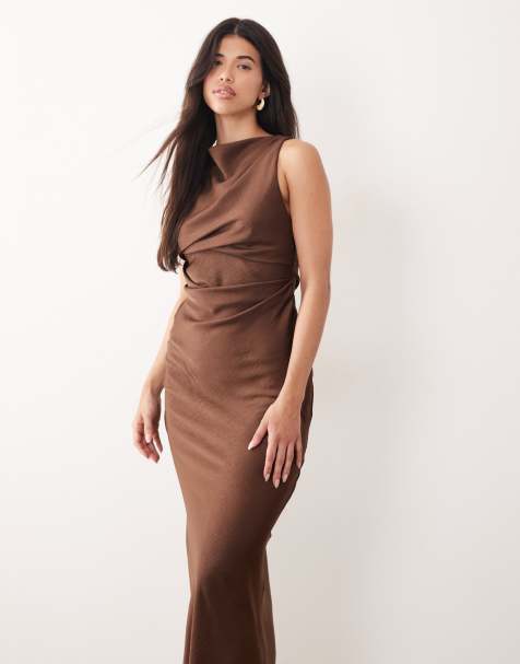 ASOS DESIGN satin drape bodice maxi dress with cowl back detail in chocolate