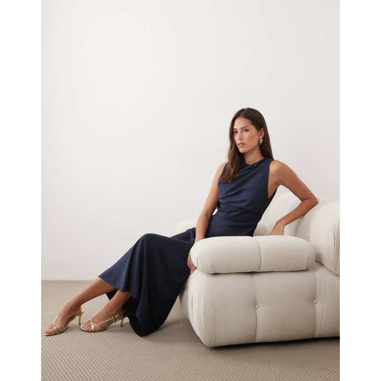asos navy satin dress ASOS DESIGN satin mix dropped waist maxi dress in navy