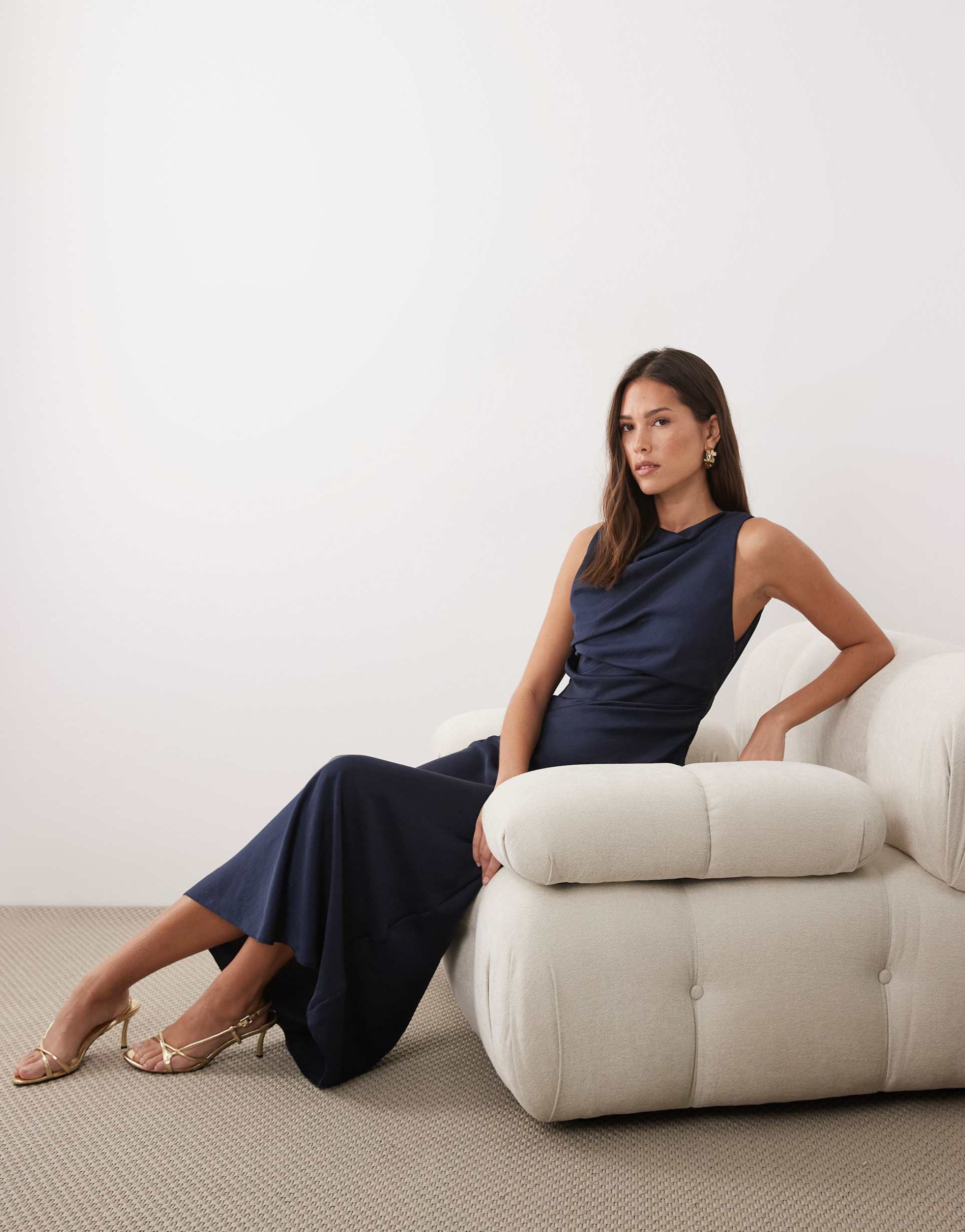 asos design satin drape bodice maxi dress with cowl back detail in navy