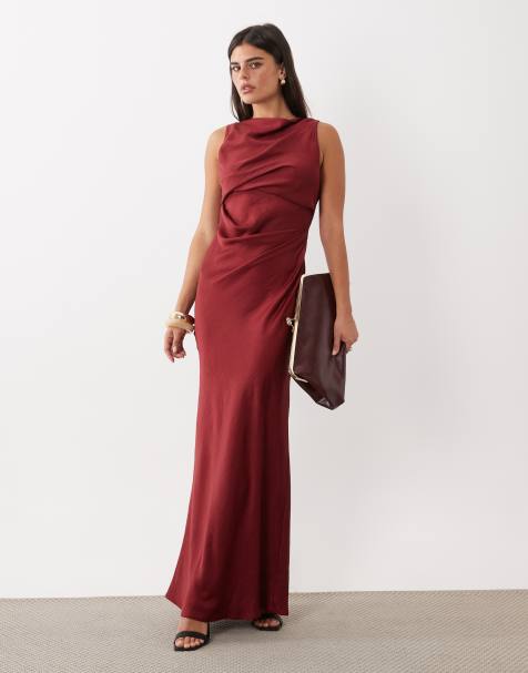 ASOS DESIGN satin drape bodice maxi dress with cowl back detail in red - view 1