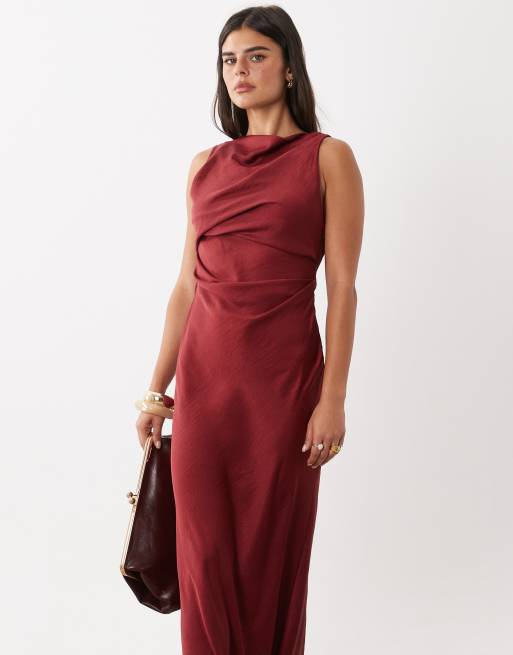 ASOS DESIGN satin drape bodice maxi dress with cowl back detail in red, 2 of 4