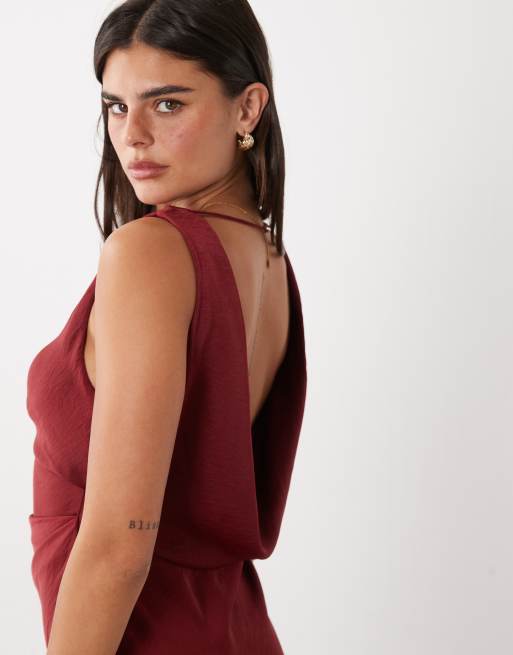 ASOS DESIGN satin drape bodice maxi dress with cowl back detail in red, 3 of 4
