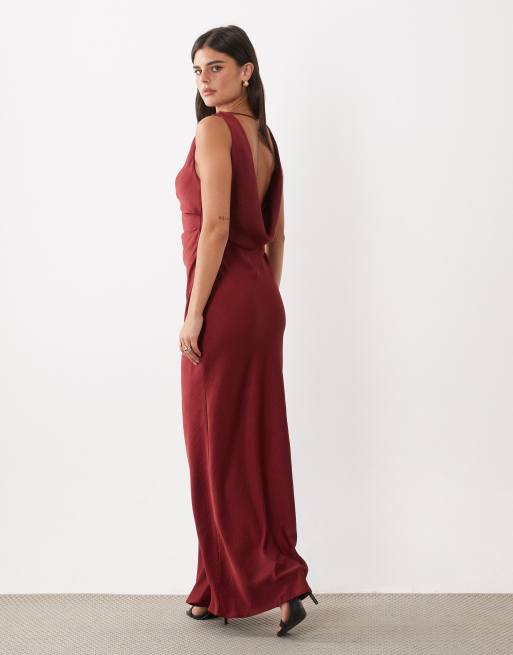 ASOS DESIGN satin drape bodice maxi dress with cowl back detail in red, 4 of 4