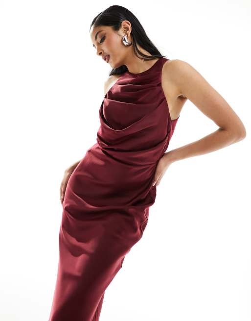 Red Pleated Wrap Cowl Neck Satin Midi Dress – AX Paris