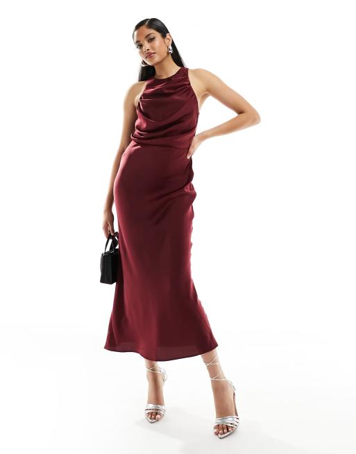 Burgundy Satin Cowl Neck Draped Maxi Dress