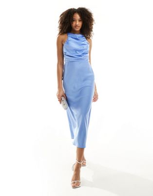 satin drape bodice midi dress in cornflower blue